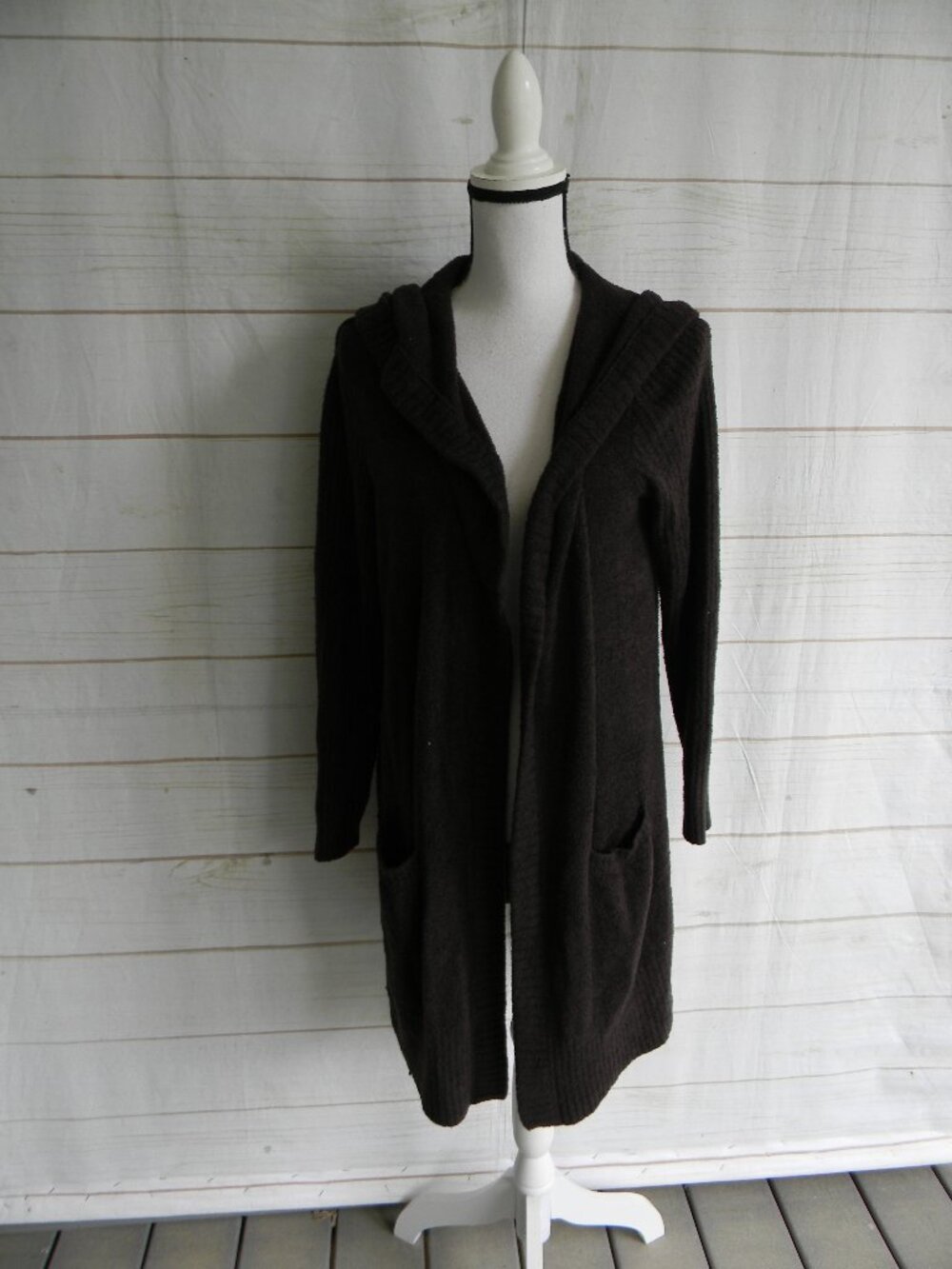Barefoot Dreams CozyChic Lite Relaxed Hooded Cardi with Pockets Sz M DK BROWN